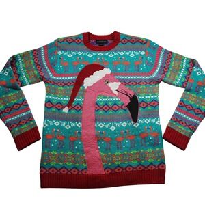 Blizzard Bay Mens Flamingo Santa Hat Ugly Christmas Sweater Teal M